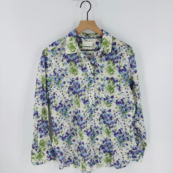 J. Crew Classic 100% Cotton White Purple Floral Long Sleeve Button Down Size 10 - Picture 7 of 7